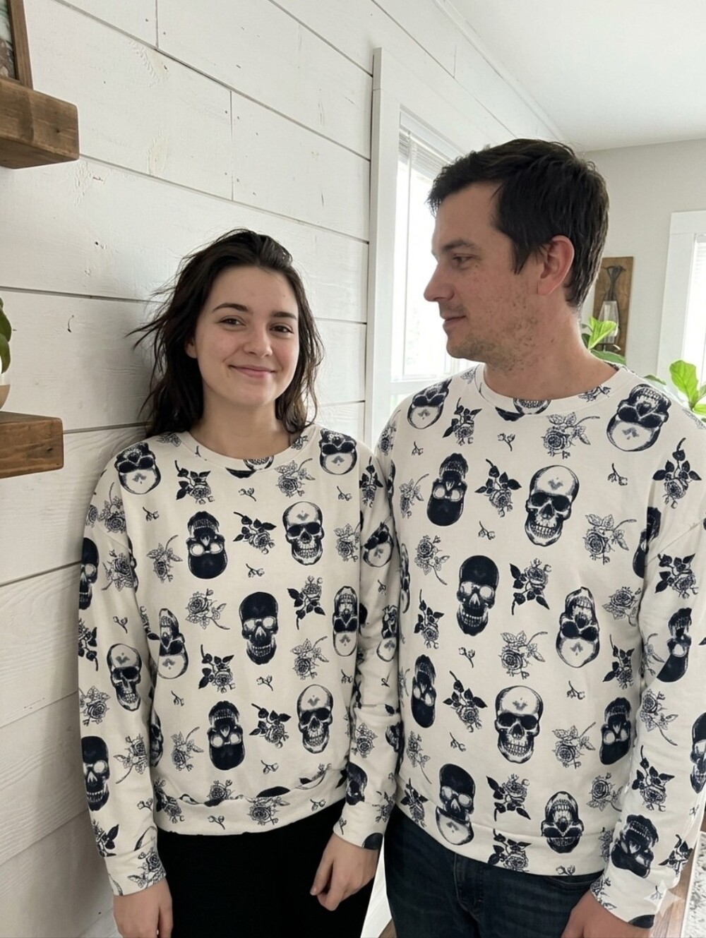White Sweatshirt with Navy Skull & Rose Print
